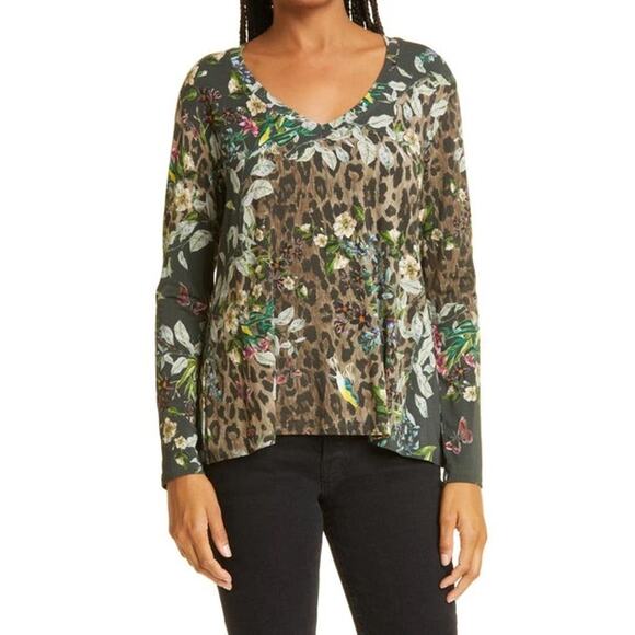 Johnny Was – Ash Bird Floral Print Long Sleeve V-Neck Swing Tee - Picture 1 of 4